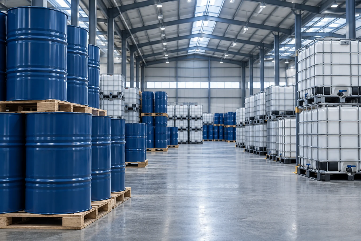 Illustrative chemical distribution warehouse with drums and IBC containers