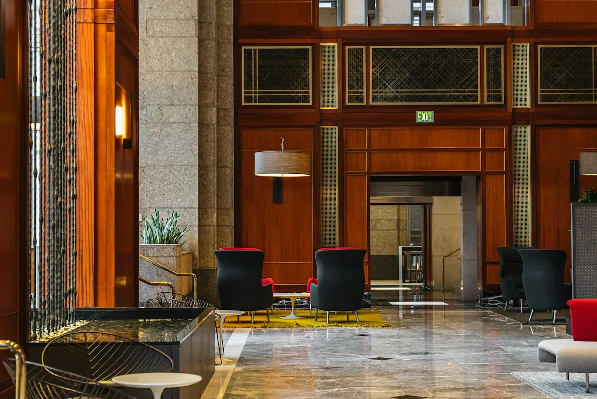 Contemporary hotel lobby and hospitality environment